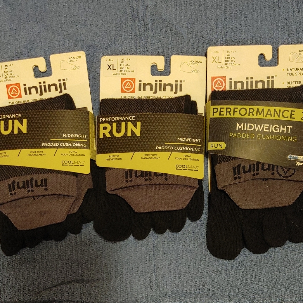 Lot Of 3 Pairs Injinji Performance Run Midweight Toe Socks - Black and Gray